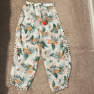 NWT Floral Sheer Swim Coverup Pants with Pom Pom Trim